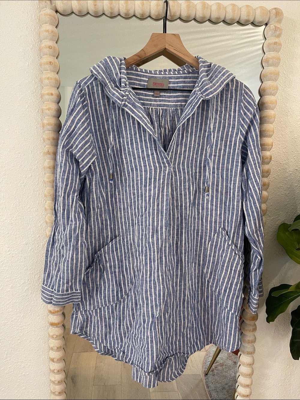 FORCYNTHIA Beachwear Blue and White Striped Hooded Tunic linen blend size Large
